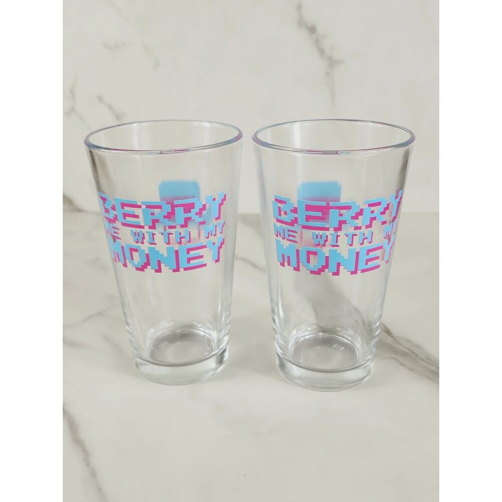 Berry Me With My Money Pint Beer Clear Glass 16oz Pink Girl Drinkware 5 1/2"